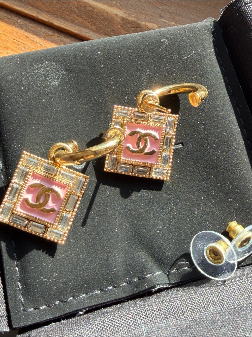 NEW Chanel Gold and Pink Hoop Drop Earrings with Interlocking Logo earrings